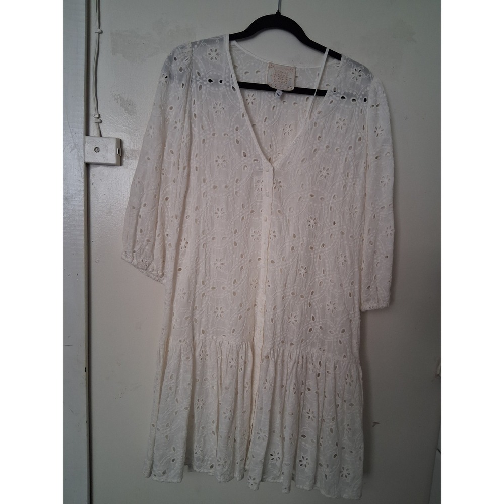 Johnny Was Jade White Eyelet Mini Dress V-Neck Puff Sleeve L33422-2 Small